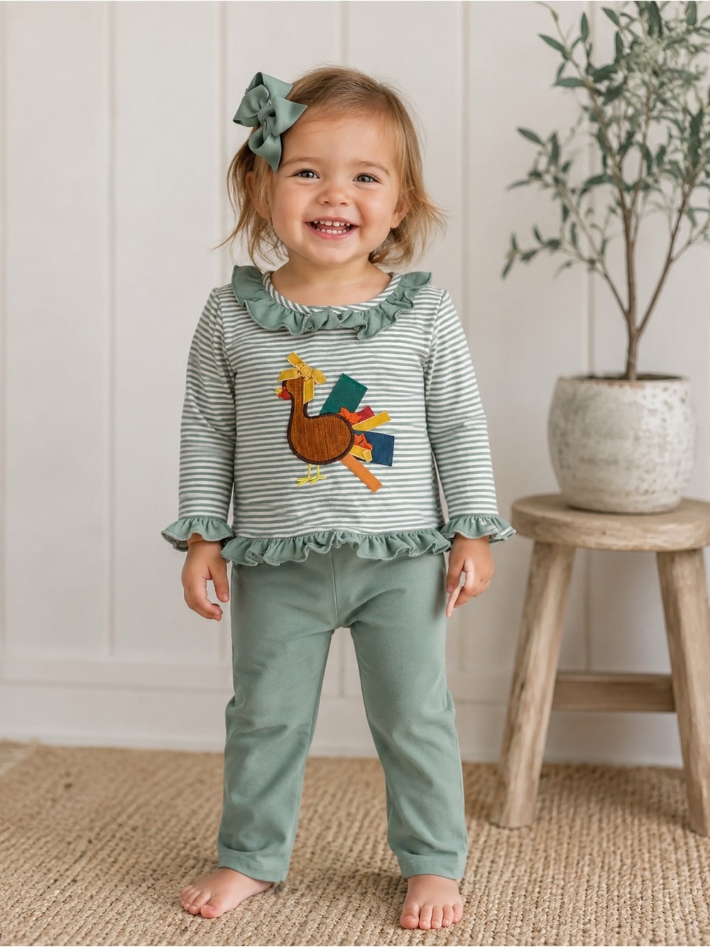 Toddler Girls Sage Green Striped Turkey Appliqué Matching Set by Sugar dumplin